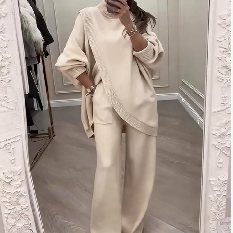 🔥 Nowość! Dwuczęściowy komplet damski – asymetryczny sweter + spodnie z szerokimi nogawkami, luźny krój, miękki materiał, superwygodny👚 Darmowa wysyłka✨