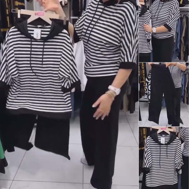 💥 WYPRZEDAŻ 💥 Zestaw bluzki w paski i gładkich spodni dla kobiet