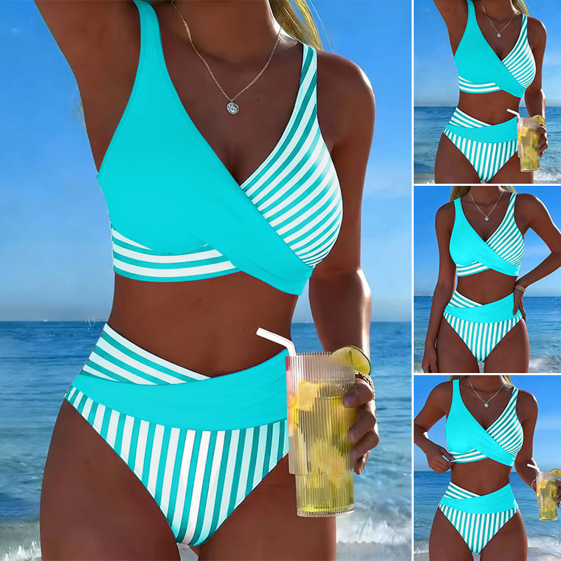 🩱【S-3XL】Bikini de dos piezas con bloques de color y estampado de rayas – Pago contra entrega