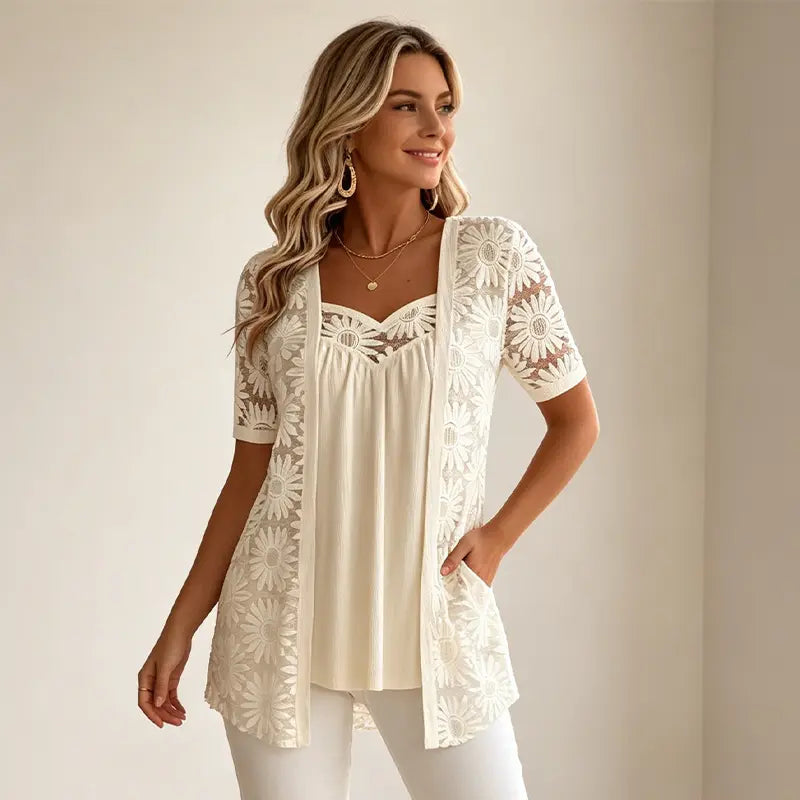 👚 【Drugi artikel za polovično ceno】Eleganten čipkast mrežasti top, dvodelni dizajn, učinkovito splošči trebuh in ustvari vitkejšo postavo. Na voljo v 5 barvah, velikostih od S do 4XL! 🌸✨