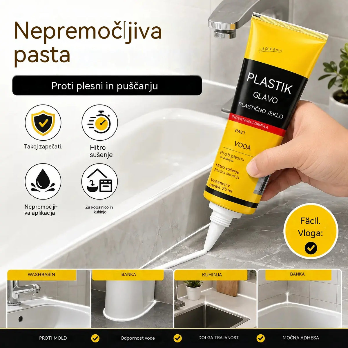 2 komplet 22evrov 💧🛡️Rumen in črn kit za plastiko in jeklo, vodoodporna in proti plesni odporna tesnilna masa, lepilo za steklo v kopalnici, hitro sušeče lepilo.
