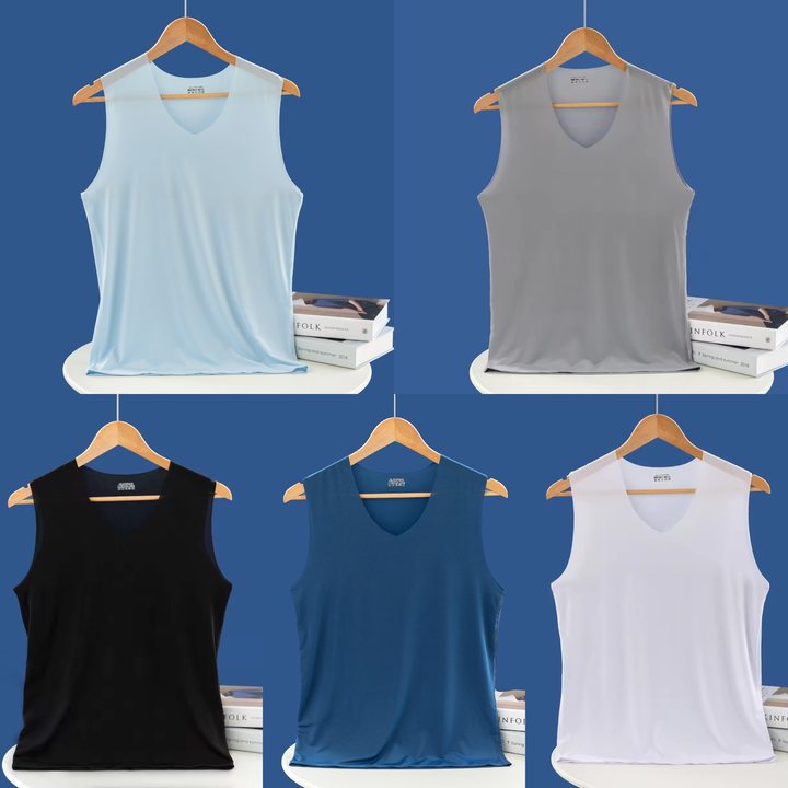 ❄️🆒【Kup 3, otrzymaj 2 gratis – razem 5 sztuk 🔥】【5 sztuk】【L–5XL】Letni męski podkoszulek z jedwabiu lodowego, bezszwowy, cienki fason, duże rozmiary-4032599