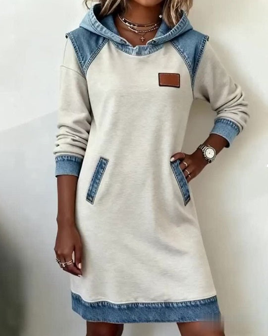 ✨【S-3XL】🌷🌞Zimska nova modna jeans obleka s kapuco iz patchworka