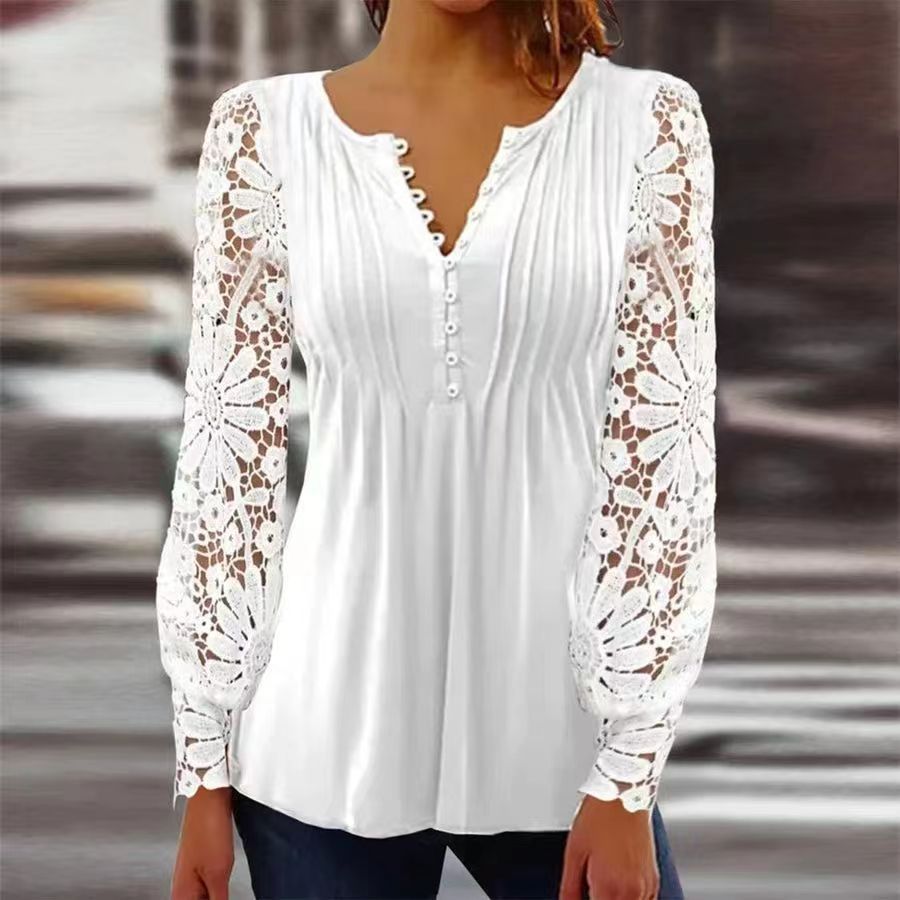 【HOT🎁🔥💥】【40-80KG】Nowy koronkowy V-neck long-sleeved top nie jest łatwy do pill, miękkie i nie przebić skórę, wszechstronny i smukły