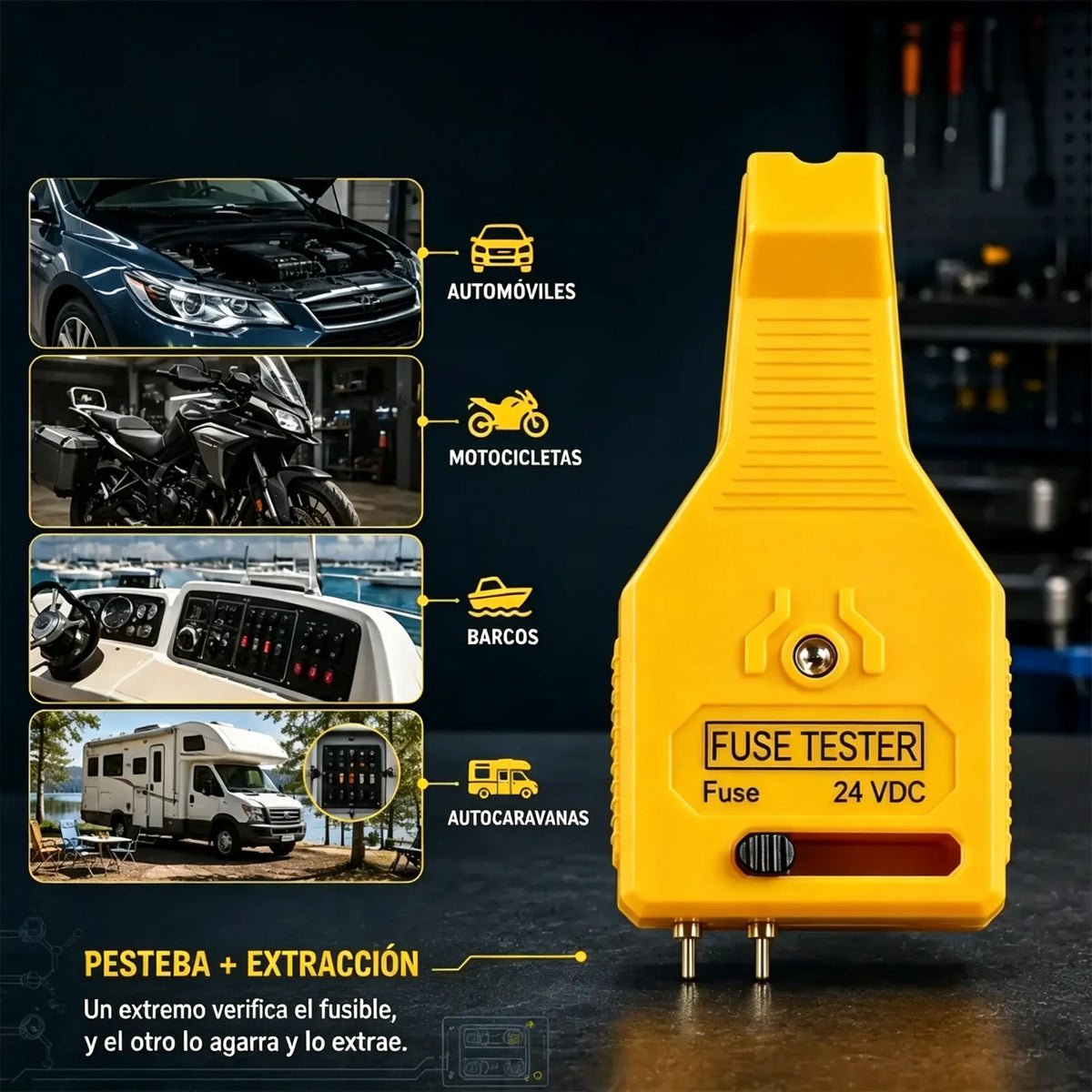 ⚡💥 Probador de fusibles y alicates 2 en 1 para coche (compatible con 12V/24V / indicador LED verde / espaciado ajustable / alicates extractores / para coche, camión y barco). 🚗✨
