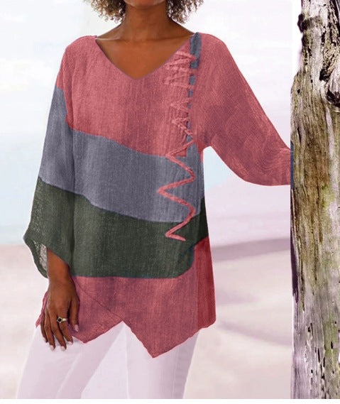 ⏳【Kupite enega, dobite enega gratis】😍【Velikosti S~5XL】Elegantni ženski top za prosti čas: V-izrez, dolgi rokavi, umetniški vzorec