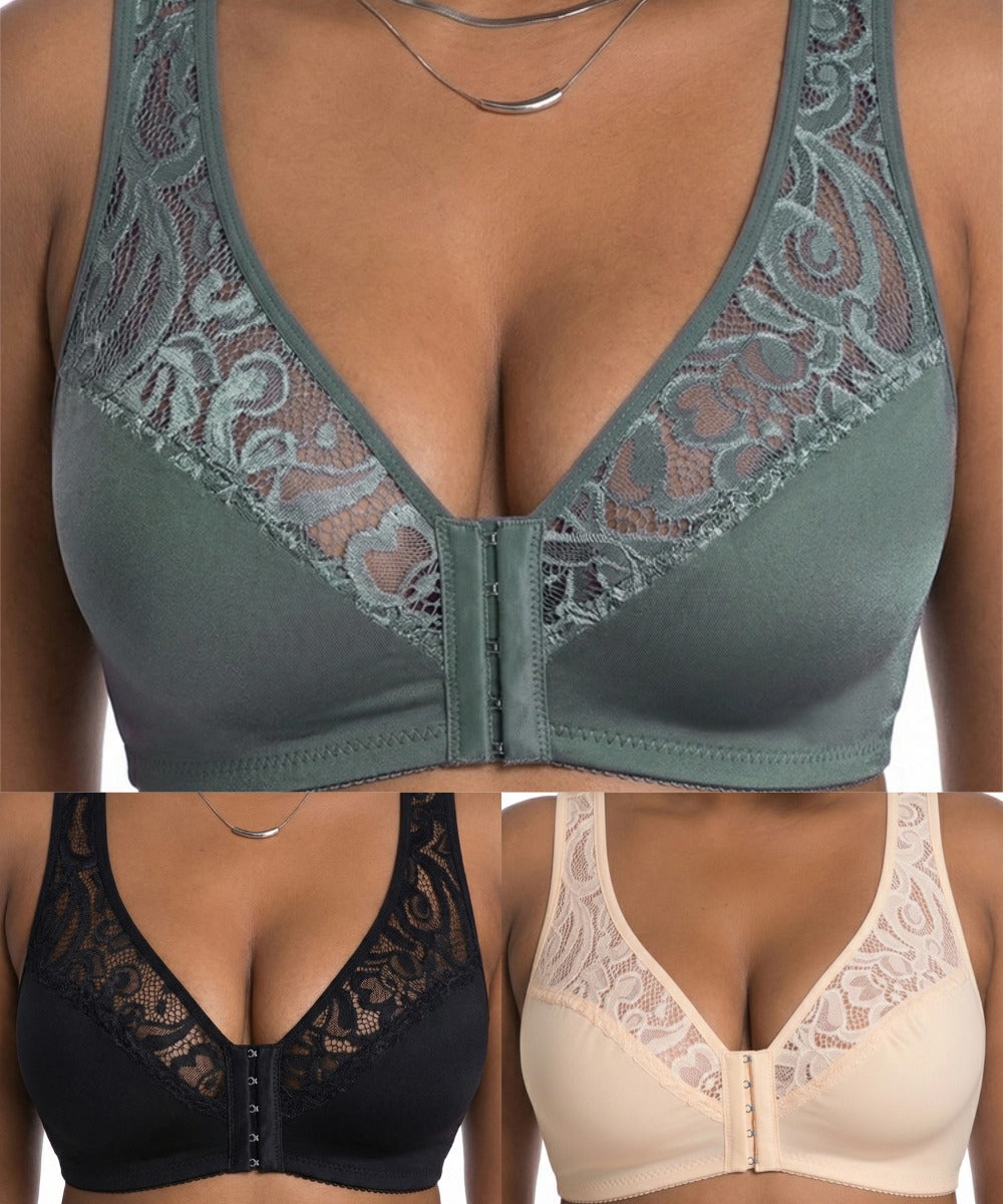 💖【Σετ 3 τεμαχίων】【L-4XL】😍Κομψό σουτιέν push-up με δαντέλα και κλείσιμο μπροστά, για μεγάλα μεγέθη, με push-up και σχέδιο με κοφτερή λαιμόκοψη