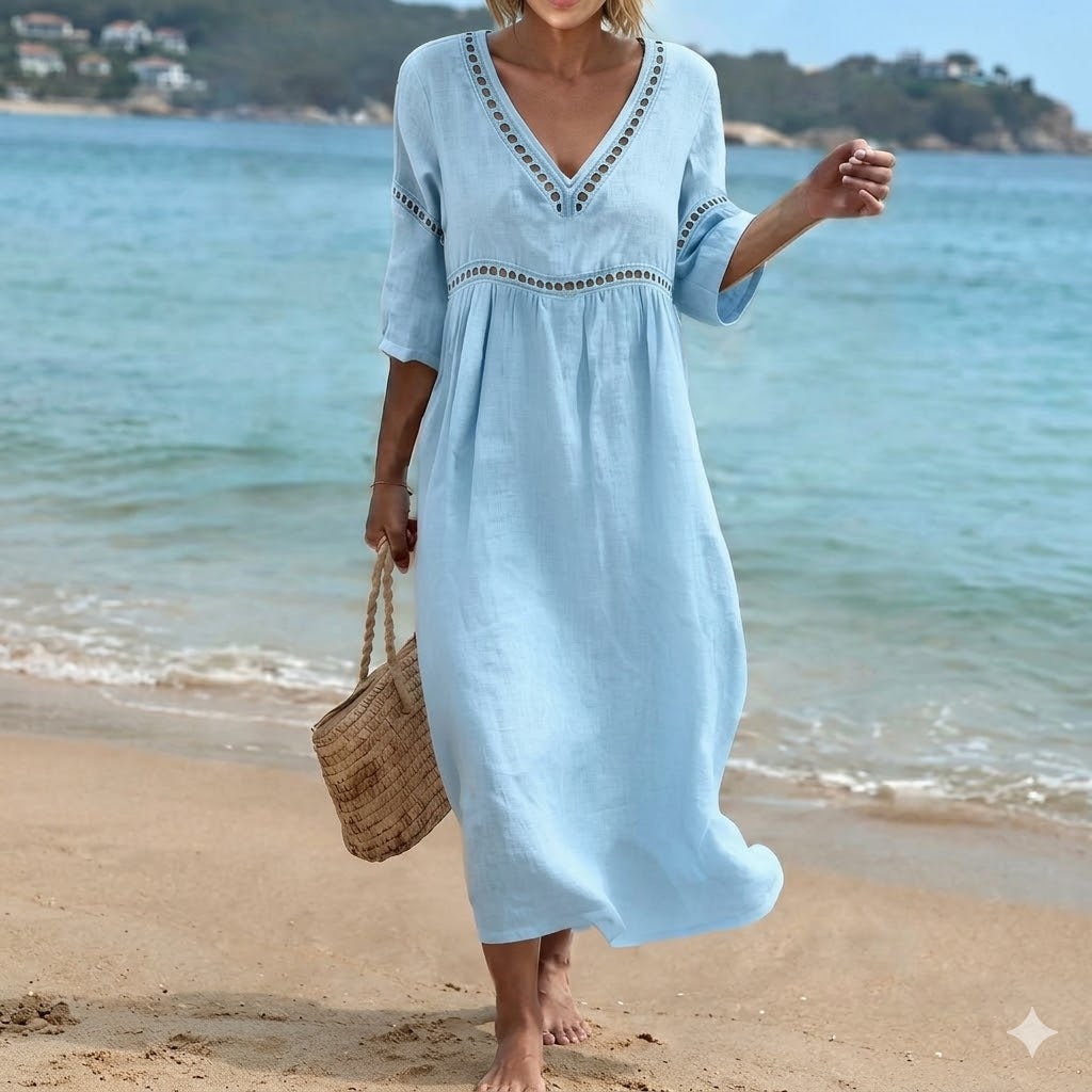 👗【S-3XL】Φόρεμα από βαμβάκι και λινό σε καλοκαιρινή μόδα - Σχέδιο με λαιμόκοψη V, αναπνεύσιμο και άνετο, λεπτό και κολακευτικό
