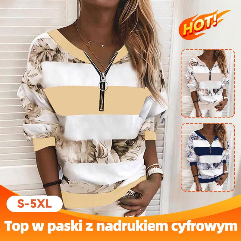 2026 Nowość w pasiastym nadruku, damska koszulka z zamkiem błyskawicznym, swobodny T-shirt