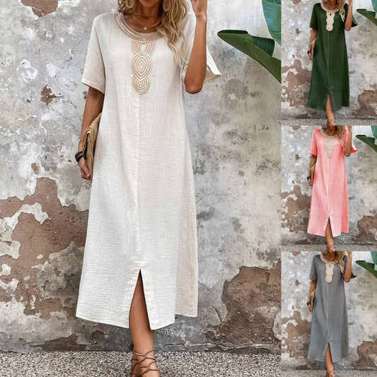 🧚‍♀️👗【50% zniżki 🔥】【S-3XL】💖Letnia duża damska sukienka z okrągłym dekoltem, koronką, krótkim rękawem, czystą bawełną i lnem, rozcięciem i luźną sukienką