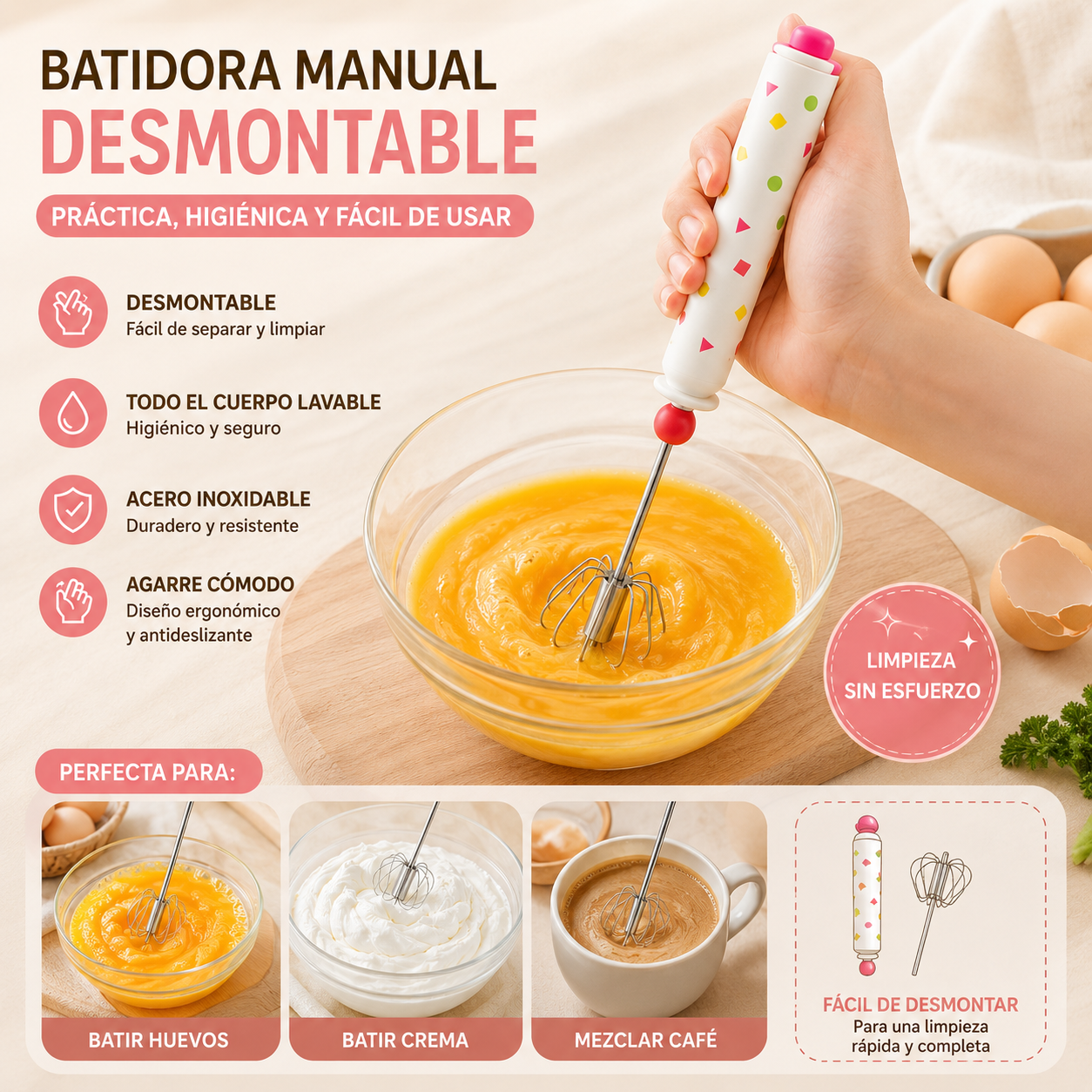 【 Conjunto de 2 piezas】🥚 Batidor semiautomático desmontable de acero inoxidable 304 ✨