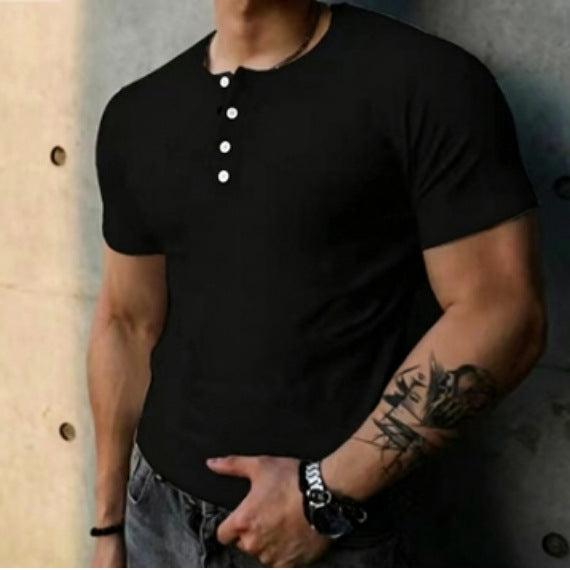 【80-100KG】Νέα Άφιξη 2026, Κομψό Ανδρικό T-shirt Henley με Κουμπί γιακά, Ελαστικό, Αεριζόμενο, Στενή Γραμμή και Στρογγυλή Λαιμόκοψη