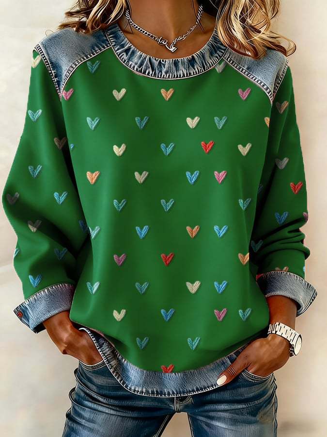 🔥【S-5XL】Μοντέρνο γυναικείο τζιν τοπ με patchwork και στάμπα για φθινόπωρο/χειμώνα