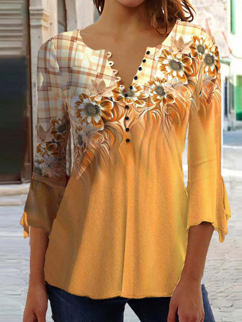 【S–5XL】Női divatos V-nyakú mintás póló – kényelmes, laza és elegáns mindennapi viselet