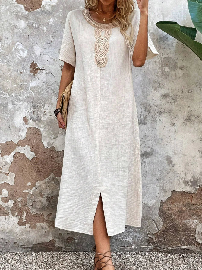 🧚‍♀️👗【50% zniżki 🔥】【S-3XL】💖Letnia duża damska sukienka z okrągłym dekoltem, koronką, krótkim rękawem, czystą bawełną i lnem, rozcięciem i luźną sukienką