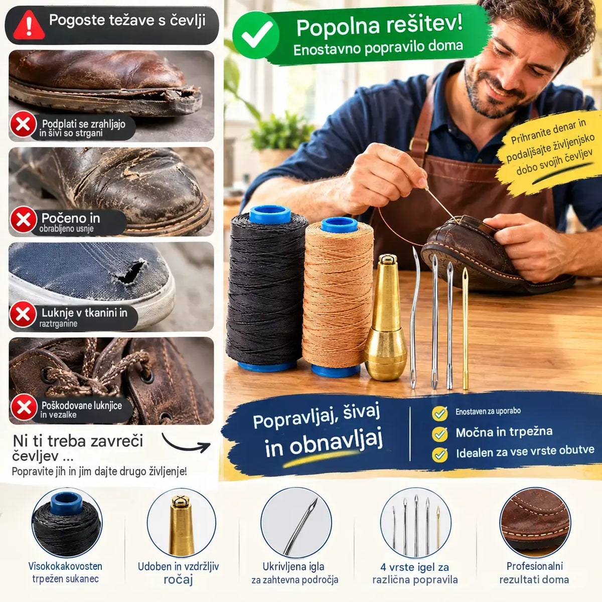 ✨Zdaj 50 % ceneje!✨ 5-delni komplet šila za šivanje usnja z voskano nitjo: orodje za ročno šivanje usnja.