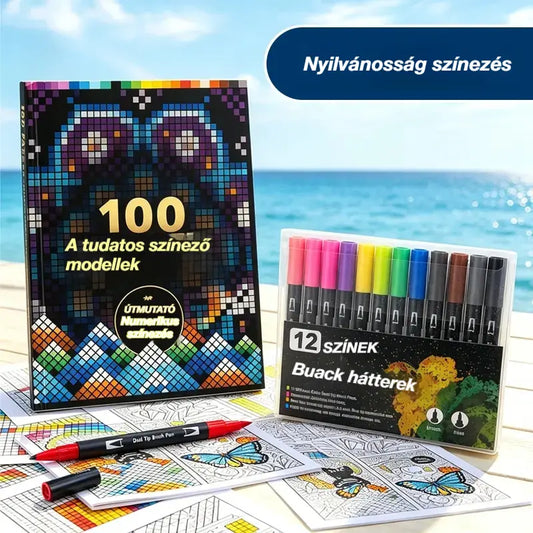 🛍️ Stresszoldó kifestőkönyv készlet "100 minta, fókuszban a színezés" 🎨 Felnőtt és idős számfesték | 100 minta (virágok, mandalák) + bónusz színes ceruzakészlet