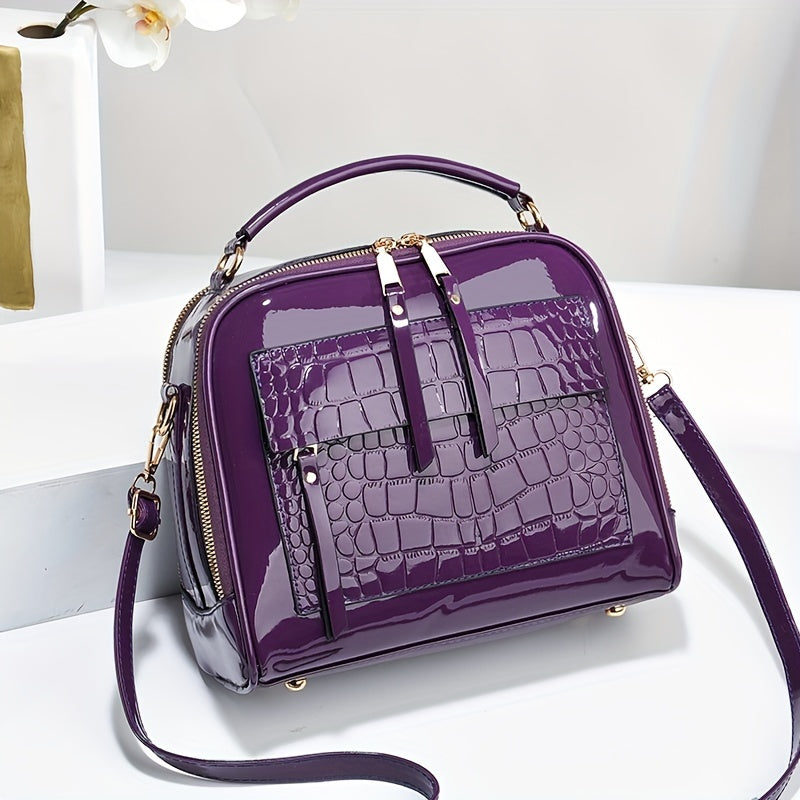 💟Geantă de mână elegantă din piele lacuită cu model crocodil, stil retro, geantă de umăr pătrată vintage, crossbody din piele artificială cu curea reglabilă pentru femei