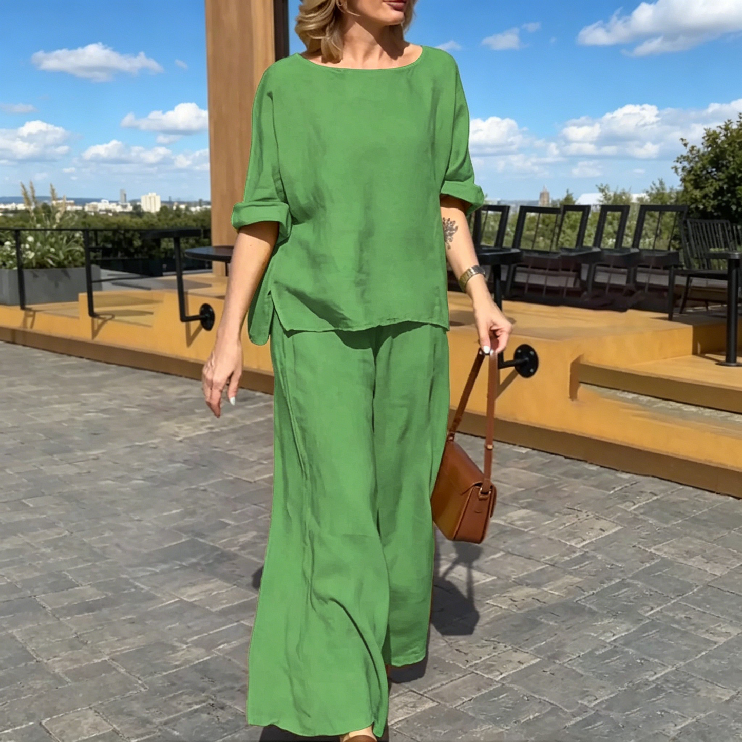 【S-5XL】Νέο για το καλοκαίρι του 2026: Κομψό μονόχρωμο σετ δύο τεμαχίων από βαμβάκι και λινό, χαλαρή εφαρμογή（Μπλούζα + Παντελόνι）