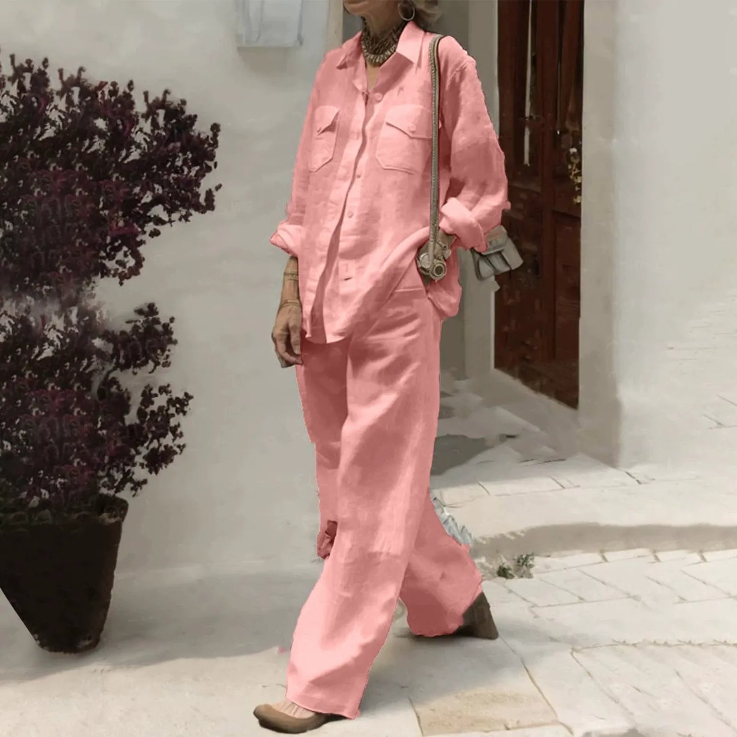【S-5XL】Νέο κομψό και casual γυναικείο σετ δύο τεμαχίων (μακρυμάνικο πουκάμισο + φαρδύ παντελόνι)