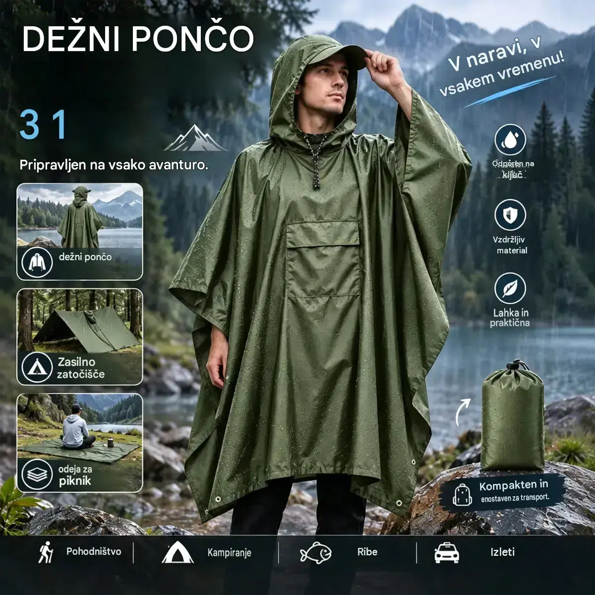 🏕️Večnamenski dežni pončo 3 v 1 | Vodoodporno ogrinjalo + šotor + podloga | Za pohodništvo in kampiranje 🌧️