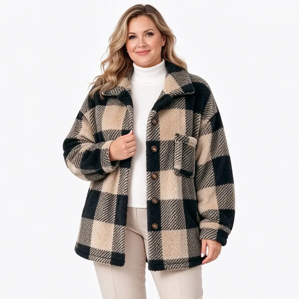 🧥【S–5XL】Ženski karirasti plašč iz umetnega krzna – podložen, ohlapnega kroja, toplo vrhnje oblačilo za jesen in zimo 🥰