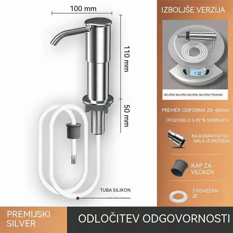 Vgradni dozator mila in detergenta za kuhinjsko pomivalno korito, izdelan iz vrhunskega nerjavečega jekla, z raztegljivo cevjo za neposredno dovajanje v steklo in gravitacijsko kroglico 304, hitro črpanje