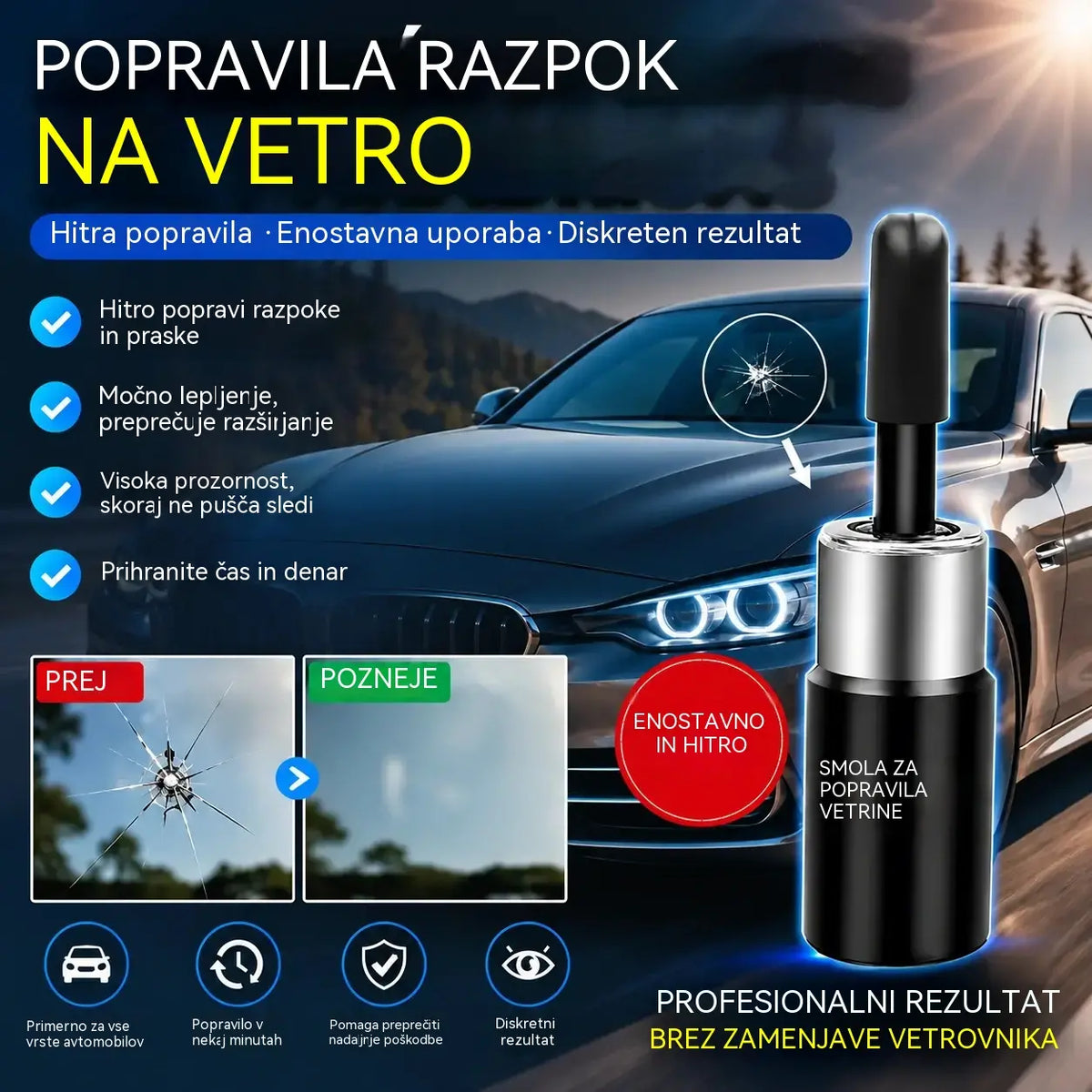 🚗【Komplet 3 kosov】Smola za popravilo vetrobranskega stekla – Uporablja se za popravilo majhnih razpok in sledi udarcev na steklu.