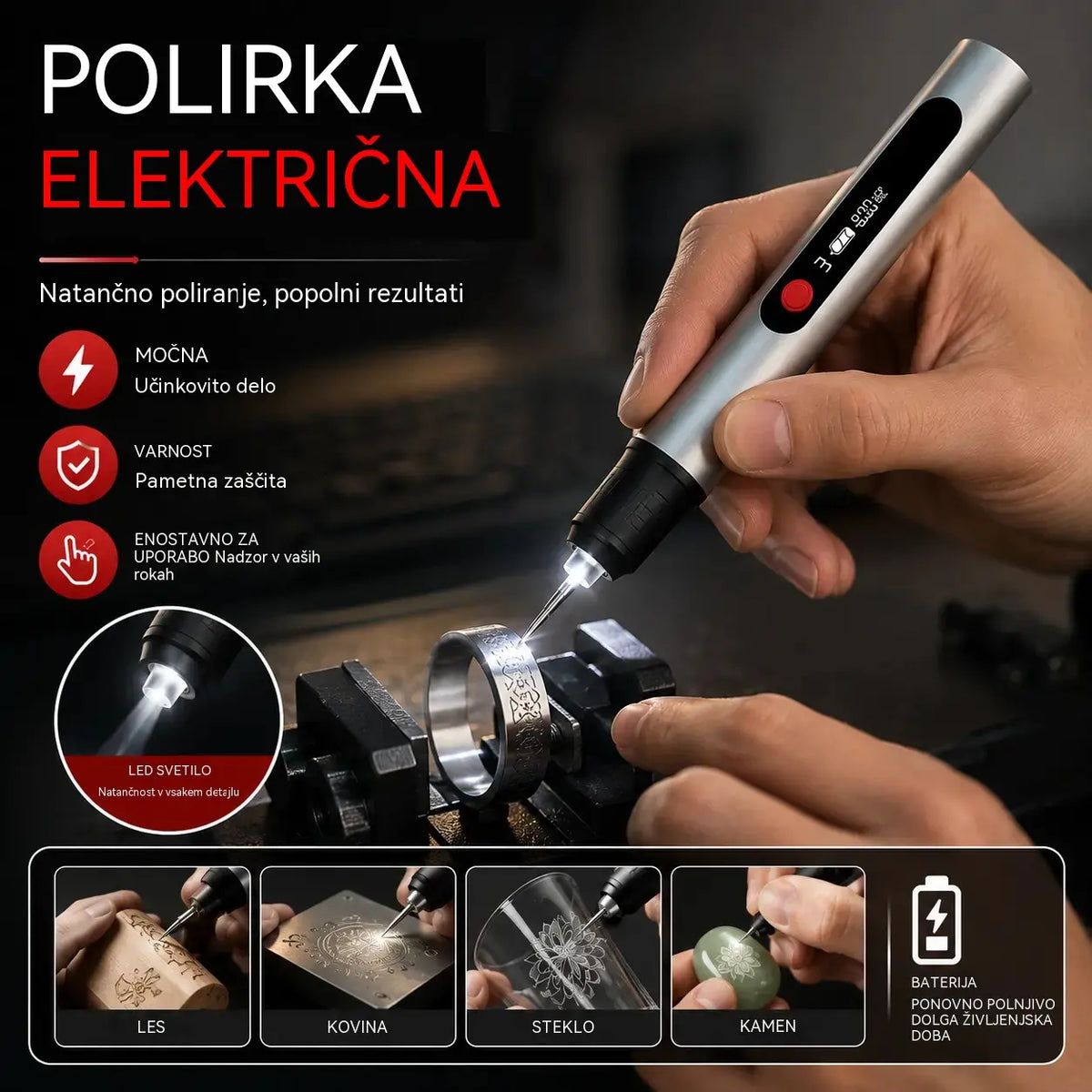 Trpežno, polnilno, večnamensko litij-ionsko gravirno pisalo, primerno za okrasitev nohtov in električno piljenje.