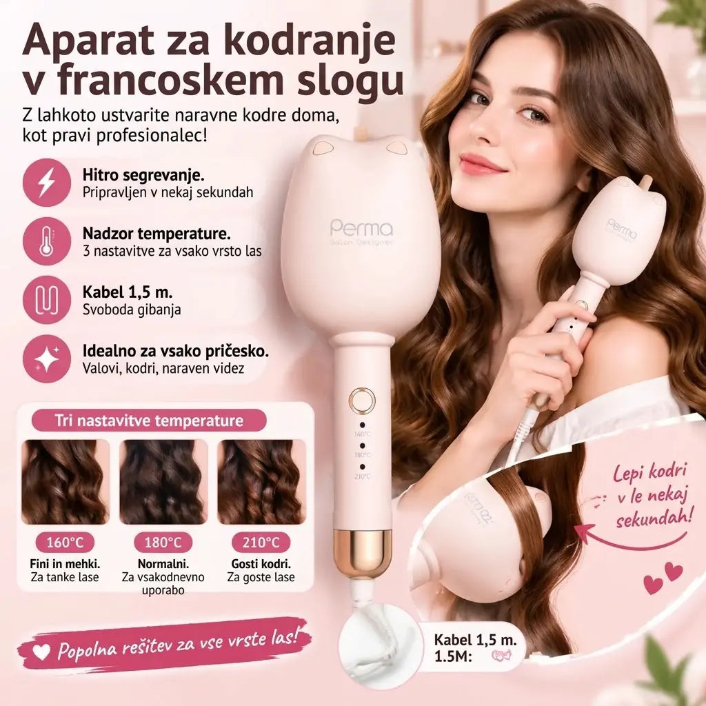 💇‍♀️ Kodralnik za lase v francoskem slogu – hitro segrevanje, nastavitev temperature in 1,5 m dolg kabel. Idealen za različne pričeske in tipe las! ✨