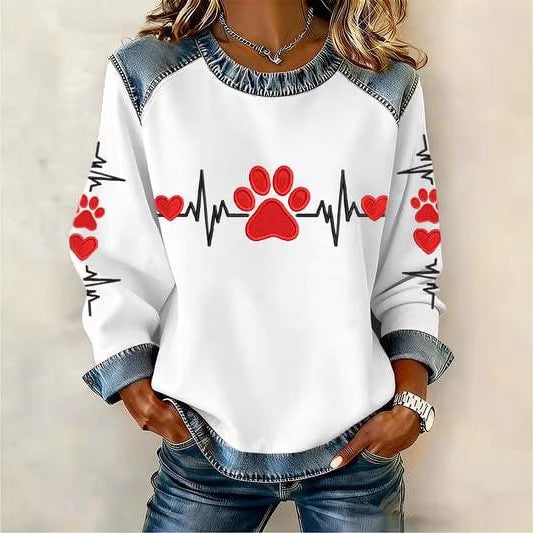 🔥【S-5XL】Μοντέρνο γυναικείο τζιν τοπ με patchwork και στάμπα για φθινόπωρο/χειμώνα