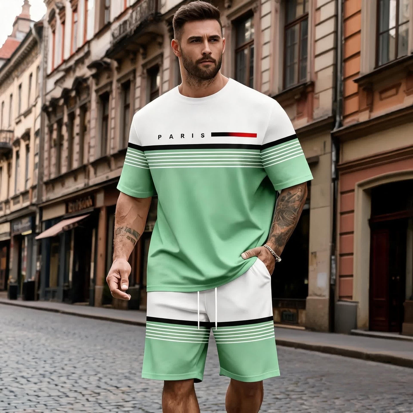 【S-6XL】Férfi lezser, kényelmes, betűmintás rövid ujjú és rövidnadrág szett