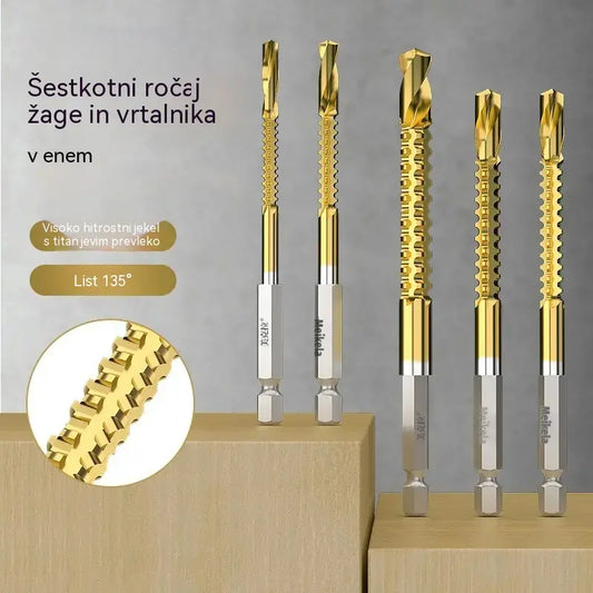 🛠️🔧(6 kosov) Spiralni sveder iz hitroreznega jekla s titanovo prevleko 2 v 1 – šestrobi vrat, primeren za vrtanje in rezkanje lesa in kovine🔩
