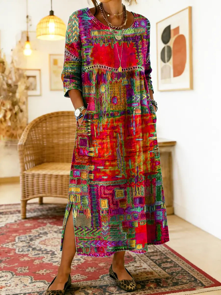 Bohém maxi ruha etnikus patchwork mintával