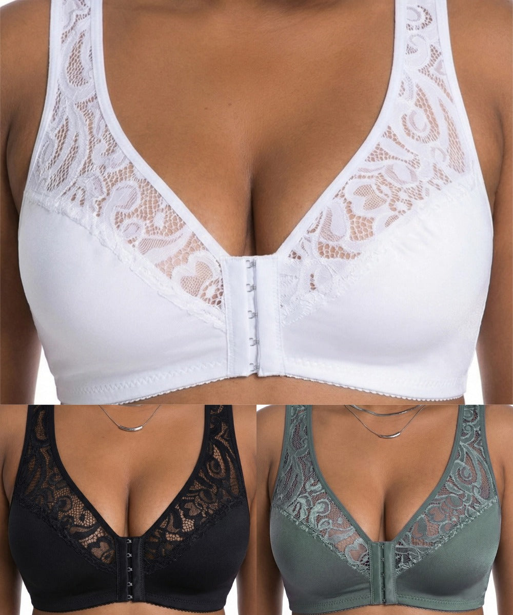 💖【Σετ 3 τεμαχίων】【L-4XL】😍Κομψό σουτιέν push-up με δαντέλα και κλείσιμο μπροστά, για μεγάλα μεγέθη, με push-up και σχέδιο με κοφτερή λαιμόκοψη