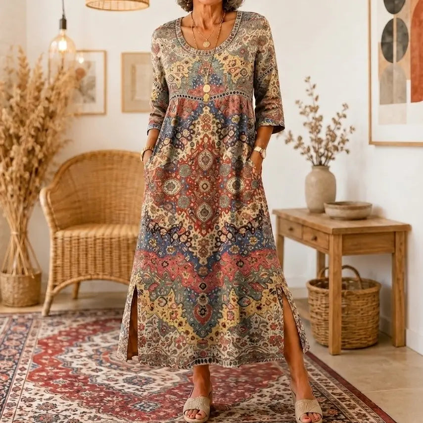 【S-5XL】Retro elegáns, testhezálló ruha, kerek nyakú, virágmintás maxi ruha