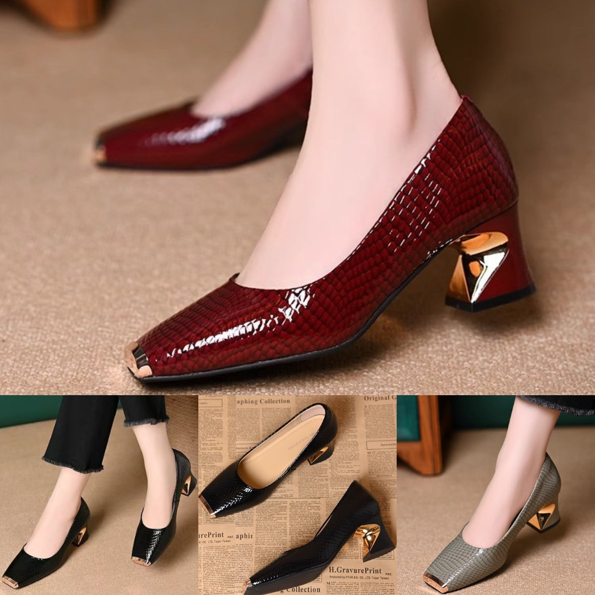 🔥【35-42】🥿Nowe francuskie buty z grubymi obcasami i fakturą, płytkie otwarcie. Kwadratowy nosek, gruby obcas, modny styl