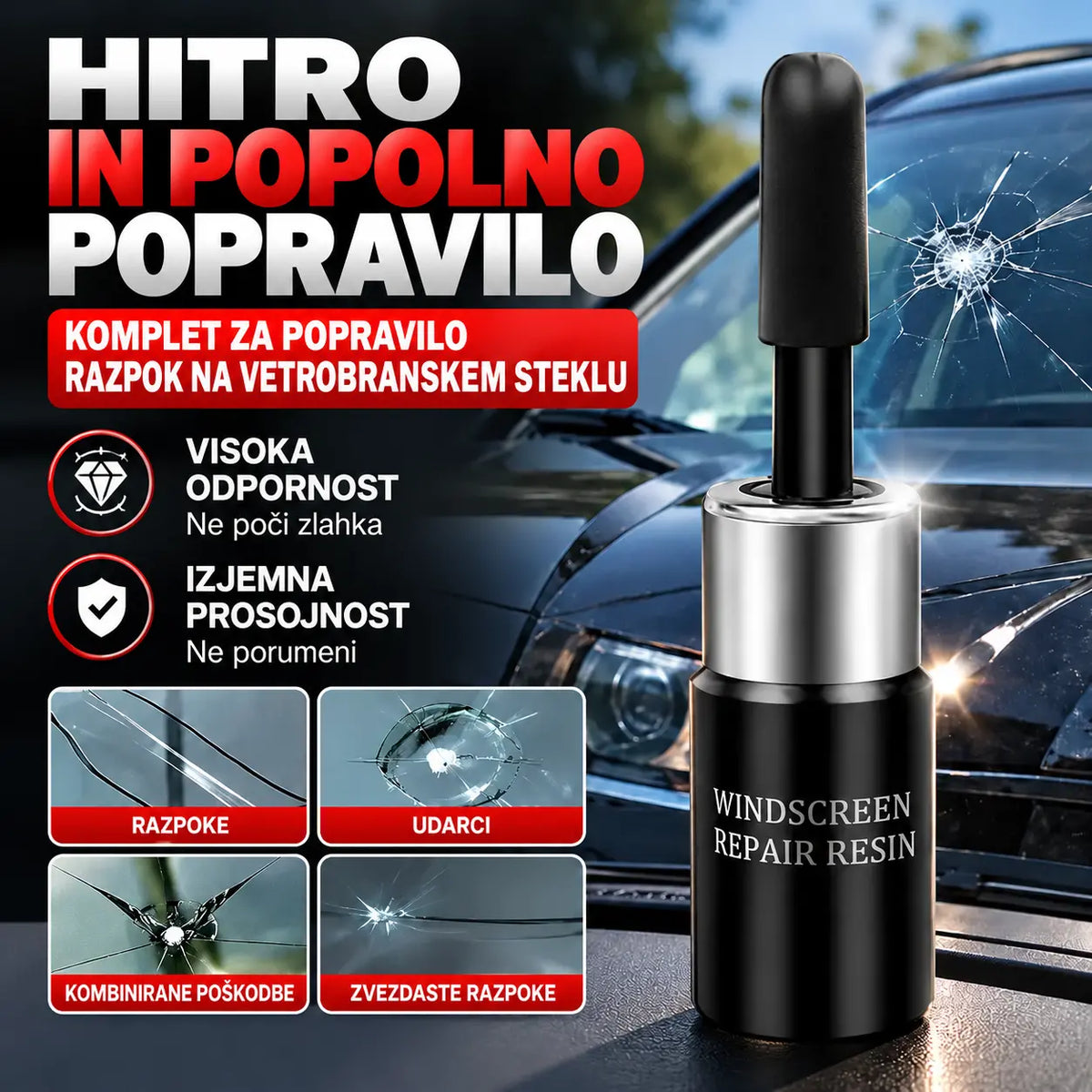 🚗【Komplet 3 kosov】Smola za popravilo vetrobranskega stekla – Uporablja se za popravilo majhnih razpok in sledi udarcev na steklu.