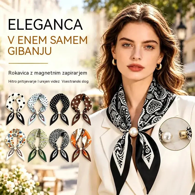 🧣【4-delni komplet】✨ Ženski svileni šal z magnetno zaponko in biseri | Eleganten in eleganten, brez vozlanja | Na voljo več potiskih 🎀