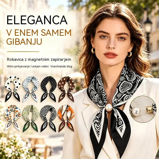 🧣【4-delni komplet】✨ Ženski svileni šal z magnetno zaponko in biseri | Eleganten in eleganten, brez vozlanja | Na voljo več potiskih 🎀
