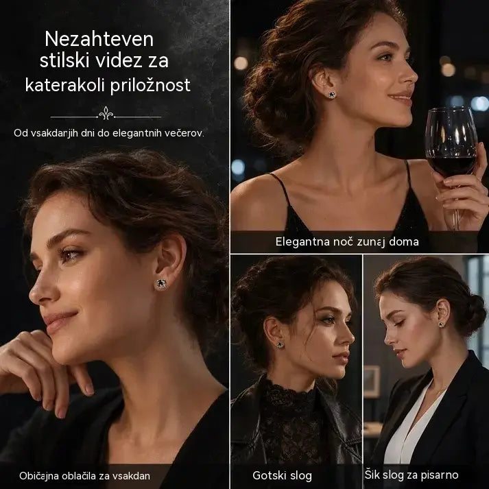 ✨ Par srebrnih okroglih uhanov z gotskim vzorcem vinske trte, okrašenih s črnimi kubičnimi cirkoni.