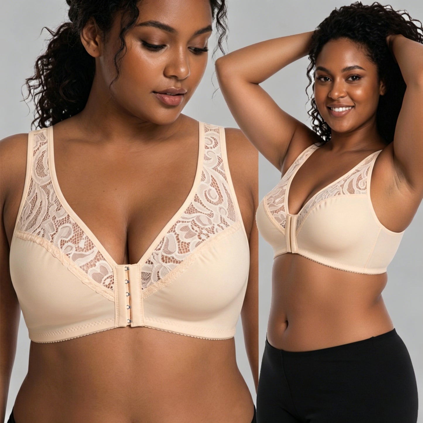 💖【Σετ 3 τεμαχίων】【L-4XL】😍Κομψό σουτιέν push-up με δαντέλα και κλείσιμο μπροστά, για μεγάλα μεγέθη, με push-up και σχέδιο με κοφτερή λαιμόκοψη