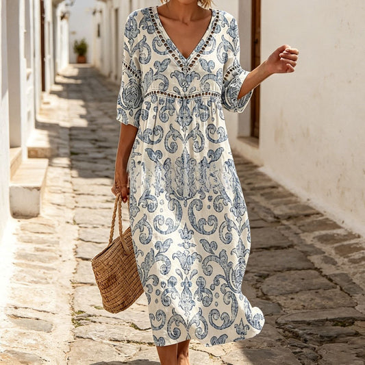 👗【S-3XL】Vestido largo de algodón y lino con estampado floral, estilo veraniego, escote en V
