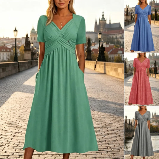 💃【S-3XL】【Szezonvégi kiárusítás】Egyszínű, lezser, divatos midi ruha