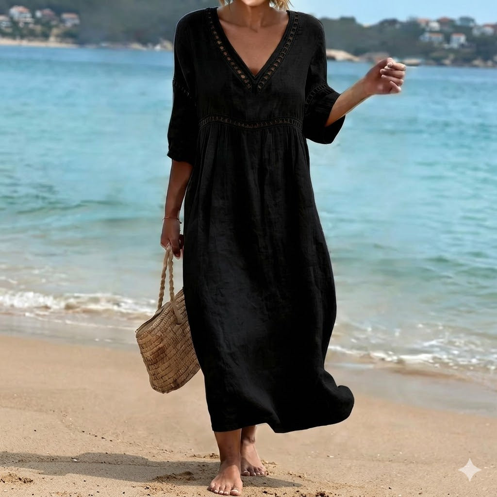 👗【S-3XL】Φόρεμα από βαμβάκι και λινό σε καλοκαιρινή μόδα - Σχέδιο με λαιμόκοψη V, αναπνεύσιμο και άνετο, λεπτό και κολακευτικό