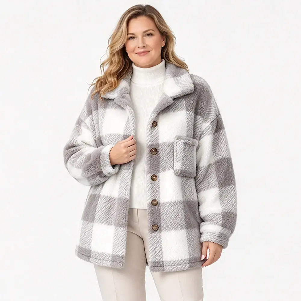 🧥【S–5XL】Ženski karirasti plašč iz umetnega krzna – podložen, ohlapnega kroja, toplo vrhnje oblačilo za jesen in zimo 🥰