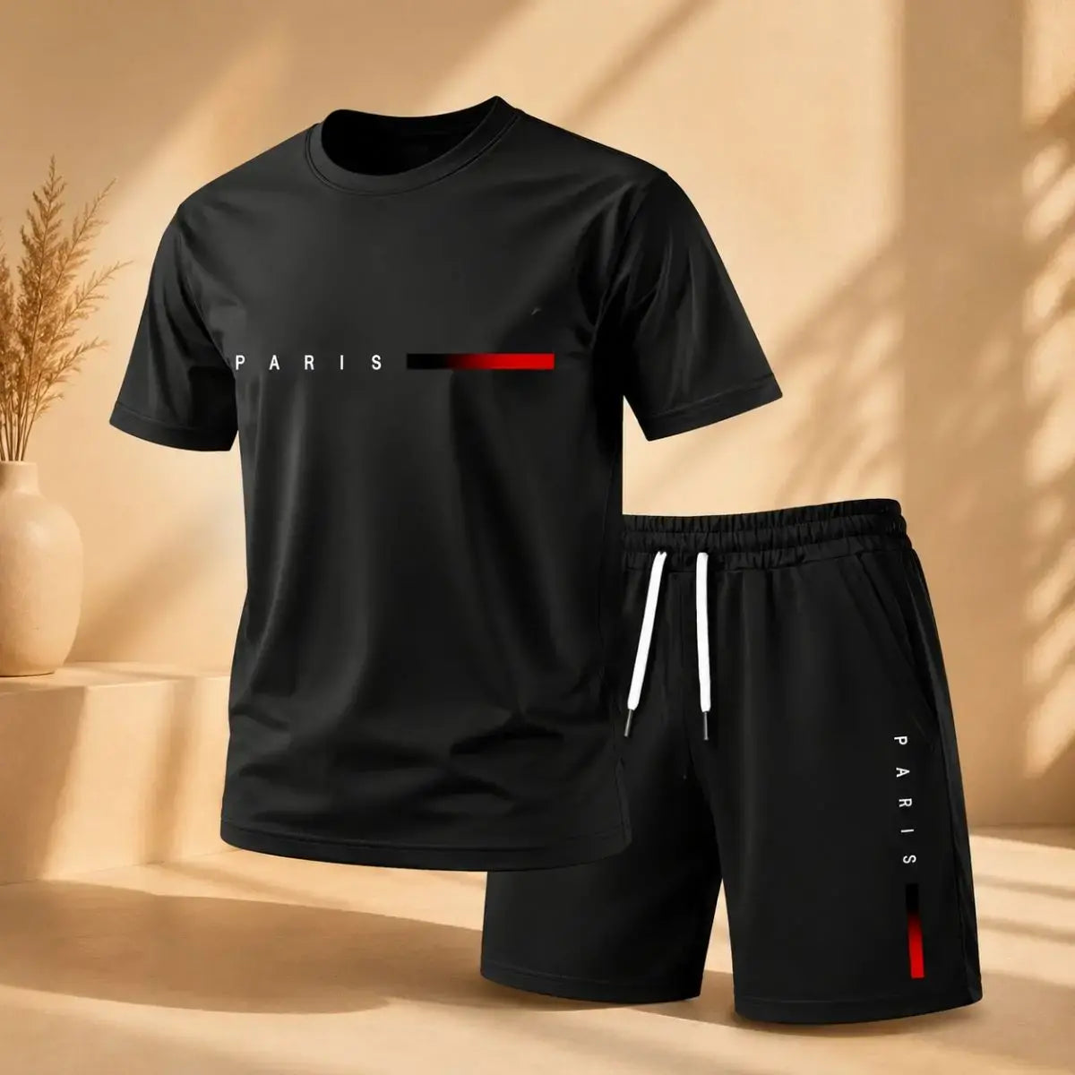 【Pago contra entrega】Conjunto deportivo de verano de 2 piezas para hombre: cómoda camiseta de manga corta y pantalones cortos para el día a día y el hogar.-E