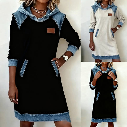 🔥⛄【Προσφορά✨】🌷🌞 Νέο τζιν φόρεμα με κουκούλα και patchwork, ιδανική επιλογή για τον χειμώνα.