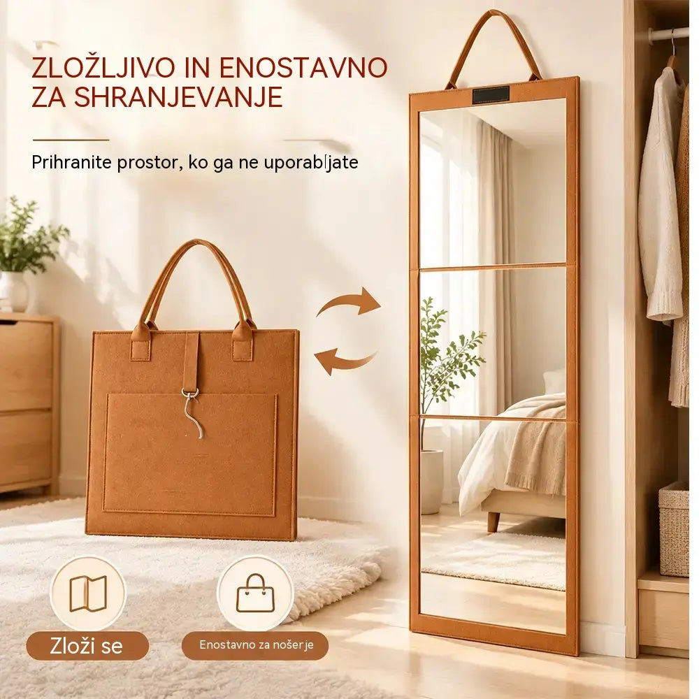 👗👜 Zložljivo, prenosno potovalno ogledalo v polni dolžini z ročajem in zaščitnim pokrovom iz filca, odpornim proti udarcem – zasnovano podobno kot aktovka ✨