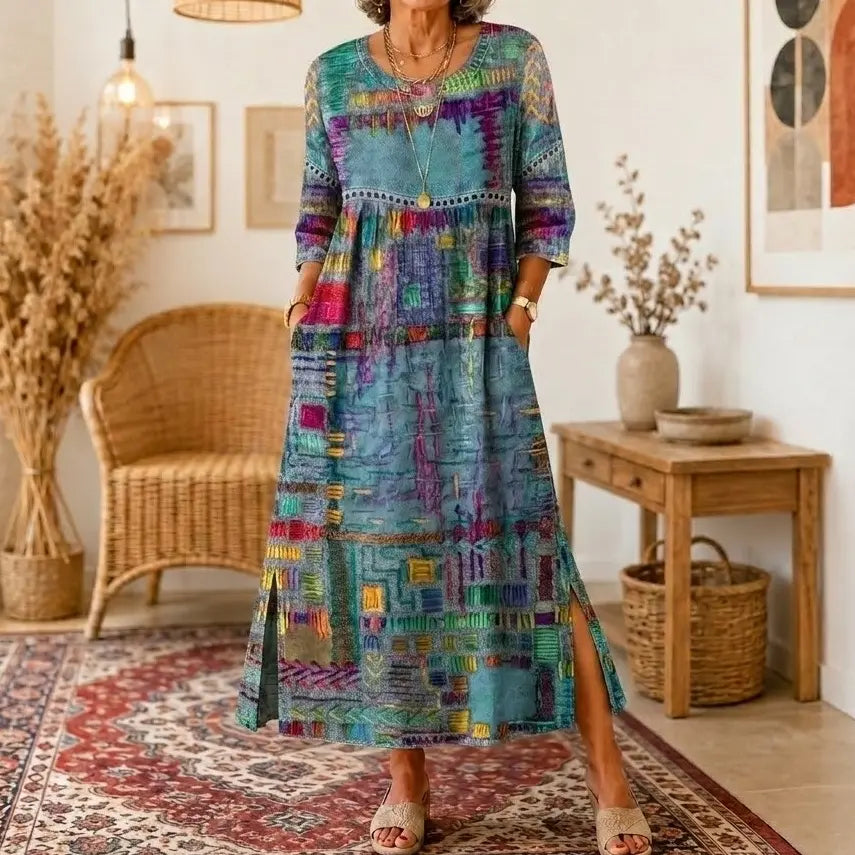 【S-5XL】Retro elegáns, testhezálló ruha, kerek nyakú, virágmintás maxi ruha